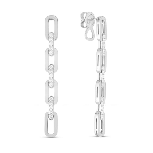 The Roberto Coin Navarra 18K White Gold 4 Link Diamond Drop Earrings are elegantly displayed against a plain white background. Crafted with alternating solid and gem-studded links, these earrings boast a sleek, elongated design and feature stud-style backings.