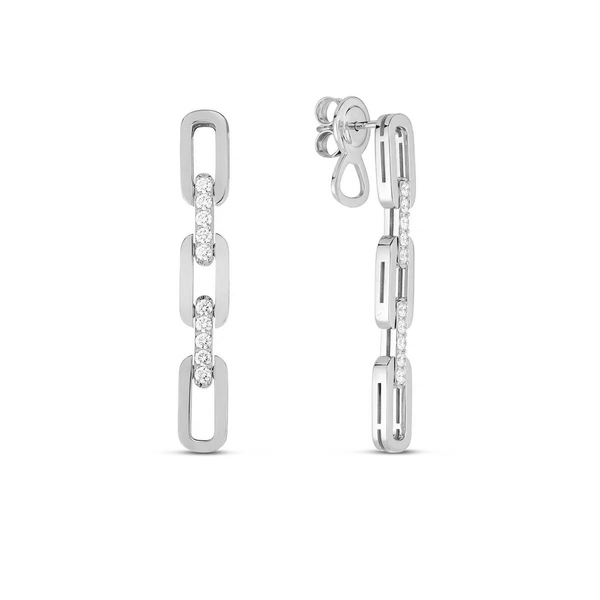 The Roberto Coin Navarra 18K White Gold 3 Link Diamond Drop Earrings feature three rectangular chain links, with the center link on each earring adorned with sparkling diamonds.