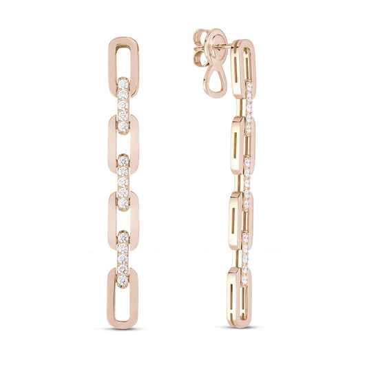 Introducing the Roberto Coin Navarra 18K Rose Gold 4 Link Diamond Drop Earrings: a breathtaking pair of earrings featuring diamond-encrusted, chain-like links that are vertically arranged to capture light for an unparalleled sparkling effect.