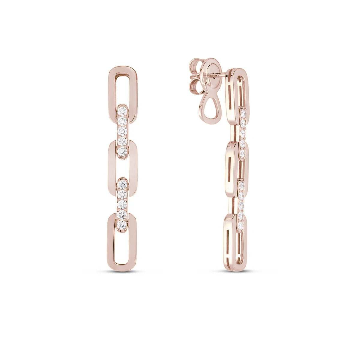 The Roberto Coin Navarra 18K Rose Gold 3 Link Diamond Drop Earrings feature three rectangular open links, with the center link accented by round diamonds, shown from front and side views.