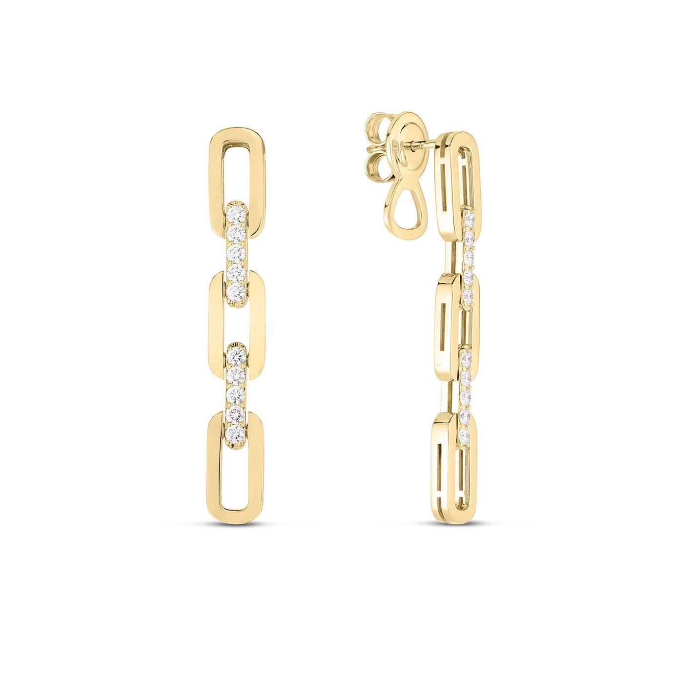 The Roberto Coin Navarra 18K Yellow Gold 4 Link Diamond Drop Earrings feature a chic drop design with each link embellished by a row of small diamonds. Photographed on a plain white background, these earrings exude an elegant and modern style.