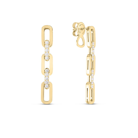 The Roberto Coin Navarra 18K Yellow Gold 4 Link Diamond Drop Earrings feature a chic drop design with each link embellished by a row of small diamonds. Photographed on a plain white background, these earrings exude an elegant and modern style.