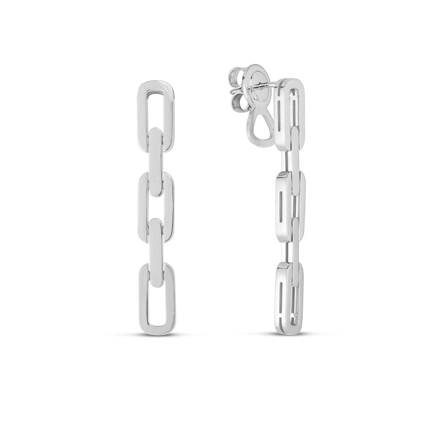 The Roberto Coin Navarra 18k White Gold Three Link Drop Earrings by Roberto Coin boast a modern minimalist aesthetic with multiple rectangular links in a polished silver chain-link design, connected vertically and secured with a standard push back closure. Crafted in 18 Karat White Gold, this piece is both elegant and contemporary.