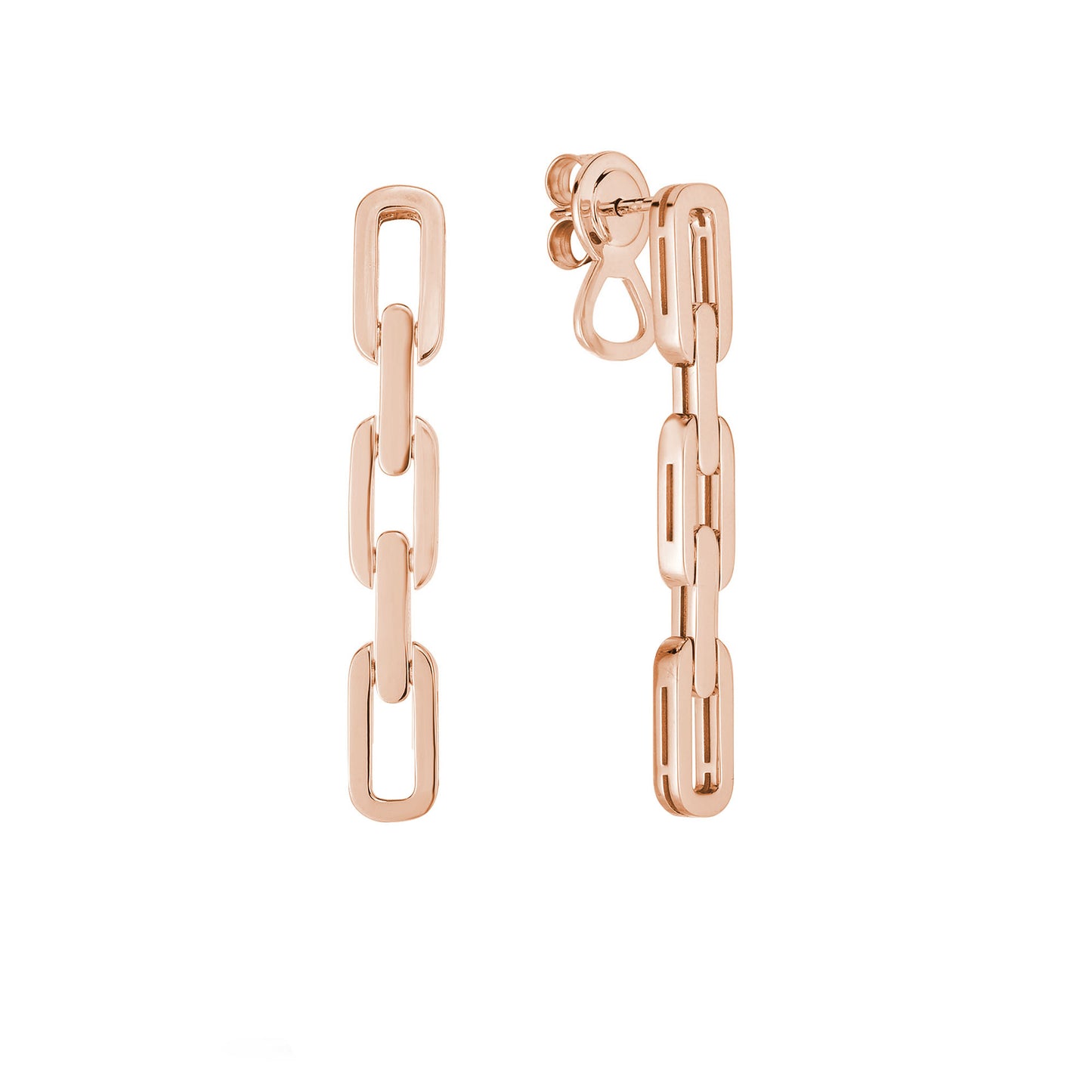 The Roberto Coin Navarra 18k Rose Gold Three Link Drop Earrings showcase oval links in an elegant vertical arrangement, crafted from luxurious 18-karat rose gold. Their shiny metal finish highlights a modern and stylish design, capturing the sophisticated charm quintessential to the Navarra region of Spain. The earrings are beautifully displayed against a white background.