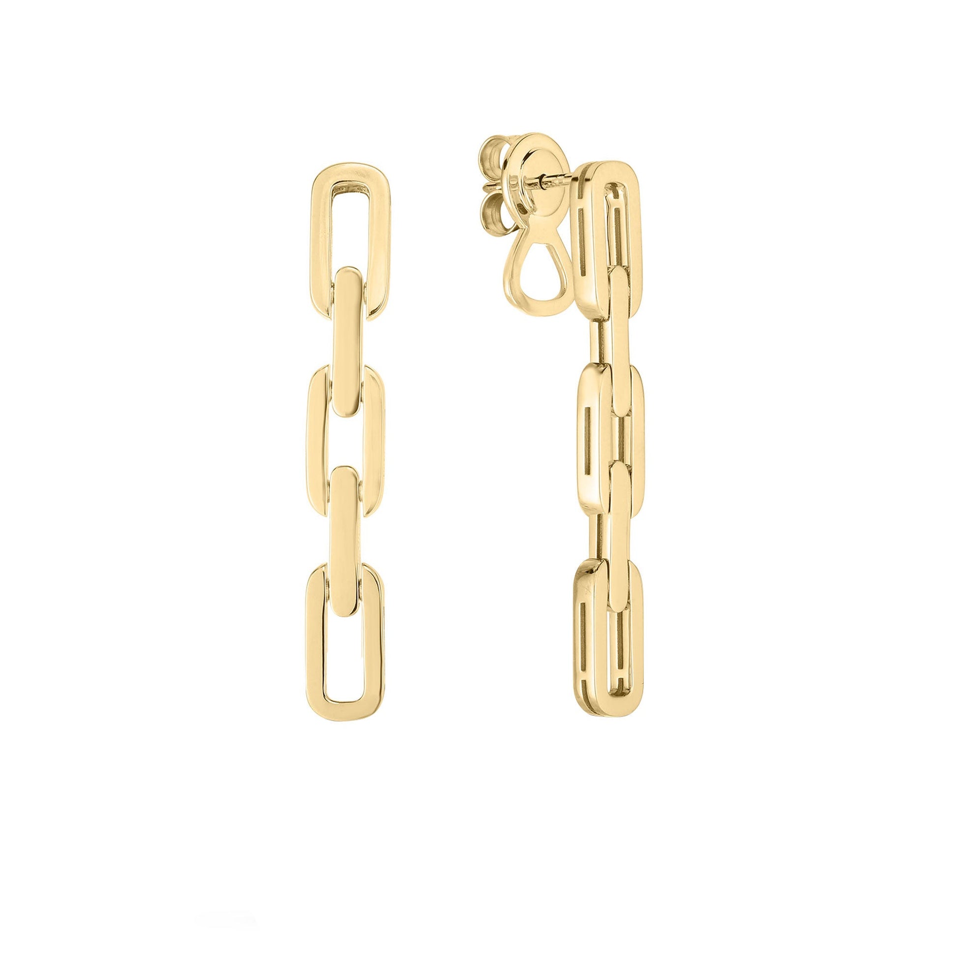 Set against a white background, the Roberto Coin Navarra 18k Yellow Gold Three Link Drop Earrings showcase a sleek, shiny finish of 18 Karat yellow gold. The modern and elegant design is accentuated by interconnected rectangular links that exude sophistication and charm.