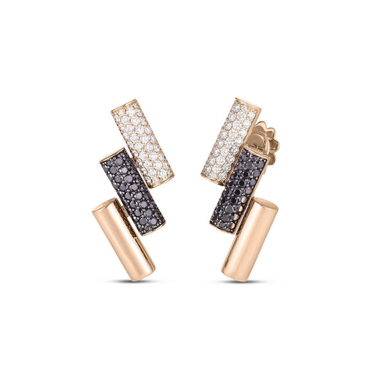 Experience the stunning elegance of the Roberto Coin Domino 18K Rose Gold with Black and White Diamond Stud Earrings. These earrings feature an abstract geometric design with three rectangular bars: one adorned with dazzling white diamonds, another with striking black diamonds, and a polished gold finish. Ideal for enhancing any outfit.