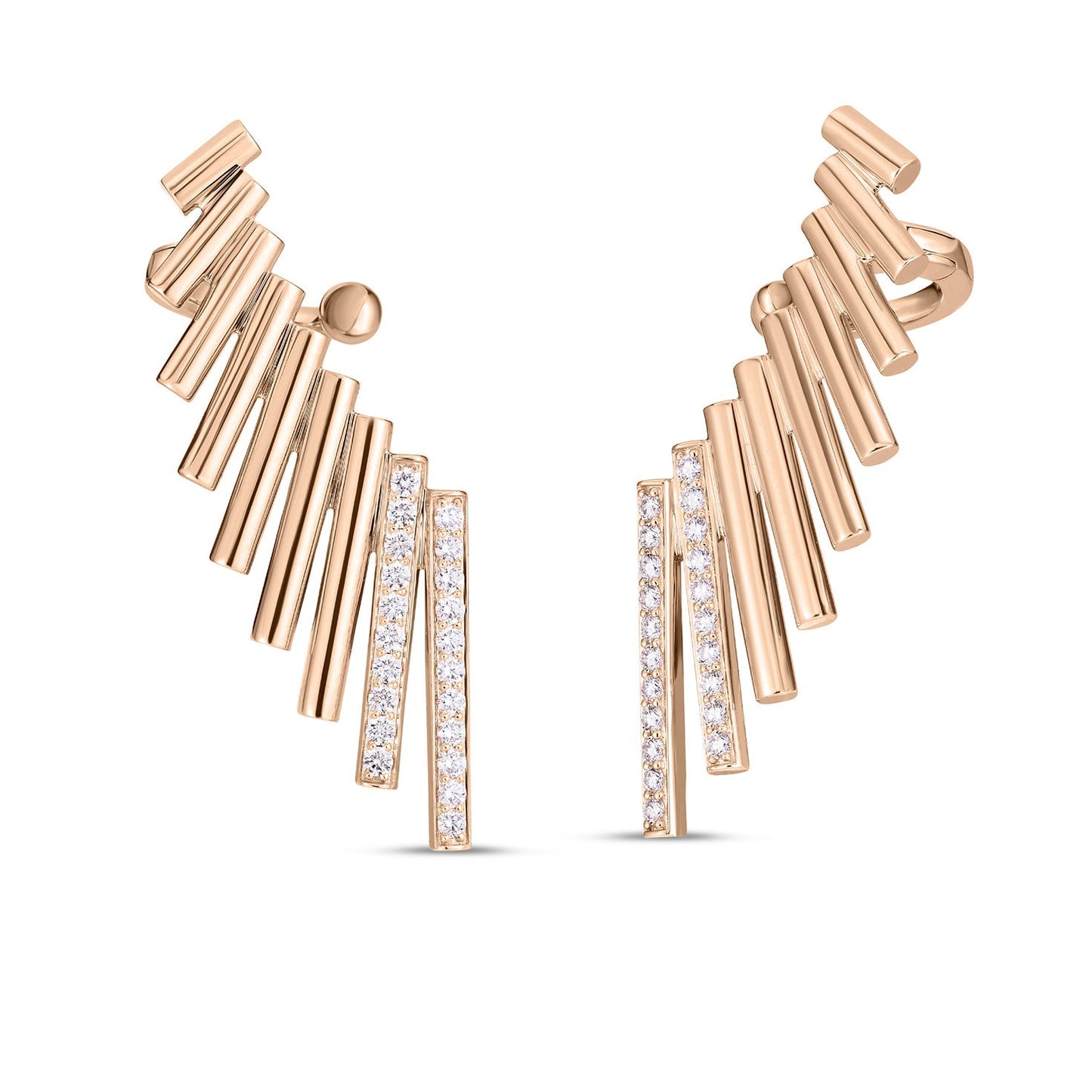 These Roberto Coin Domino 18K Rose Gold Diamond Climber Earrings, designed by Roberto Coin, feature an abstract, wing-like design with vertical lines and small embedded diamonds totaling 0.58 TWT. This symmetrical design creates an artistic masterpiece that embodies elegance and sophistication.