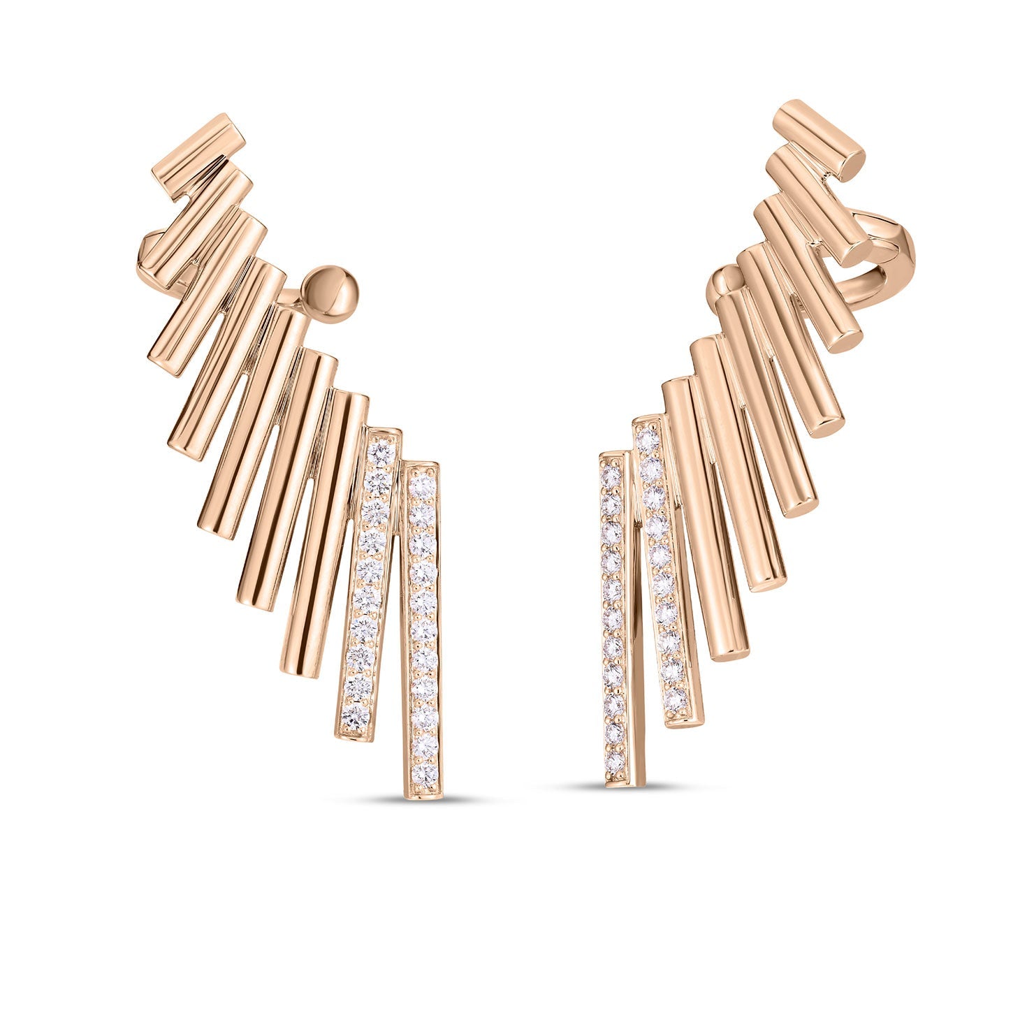 These Roberto Coin Domino 18K Rose Gold Diamond Climber Earrings, designed by Roberto Coin, feature an abstract, wing-like design with vertical lines and small embedded diamonds totaling 0.58 TWT. This symmetrical design creates an artistic masterpiece that embodies elegance and sophistication.