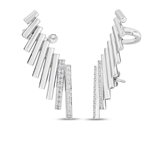 The Roberto Coin Domino 18K White Gold Diamond Climber Earrings showcase a modern, abstract geometric design. Crafted in 18 Karat White Gold, the vertical bars are adorned with small, sparkling diamonds, providing a contemporary and elegant look ideal for any occasion.