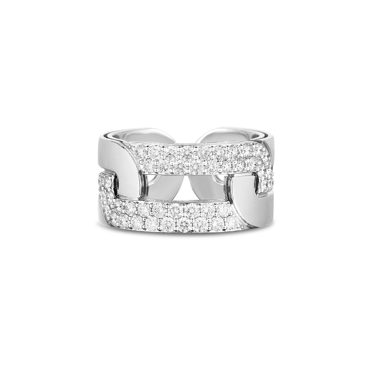 The Roberto Coin Navarra 18K White Gold Diamond Link Wide Ring, by the esteemed brand Roberto Coin, features a bold chain-link design adorned with round diamonds set against a striking white background, making it an elegant statement piece.