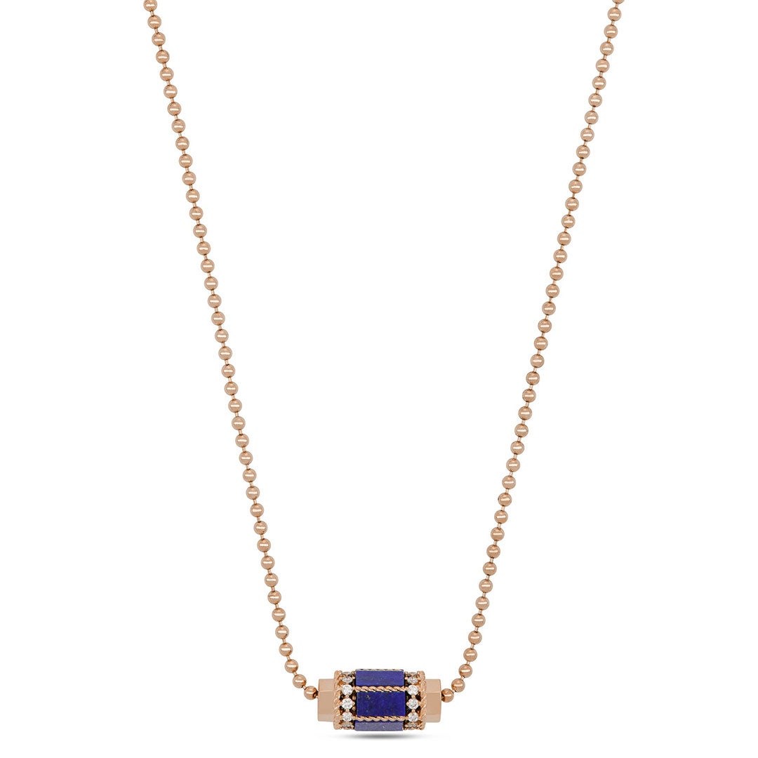 The Roberto Coin Art Deco 18K Rose Gold Diamond with Lapis Necklace Pendant from the brand Roberto Coin is elegantly displayed against a plain white background, featuring a gold chain and a small cylindrical pendant with blue and gold accents, reminiscent of lapis lazuli.