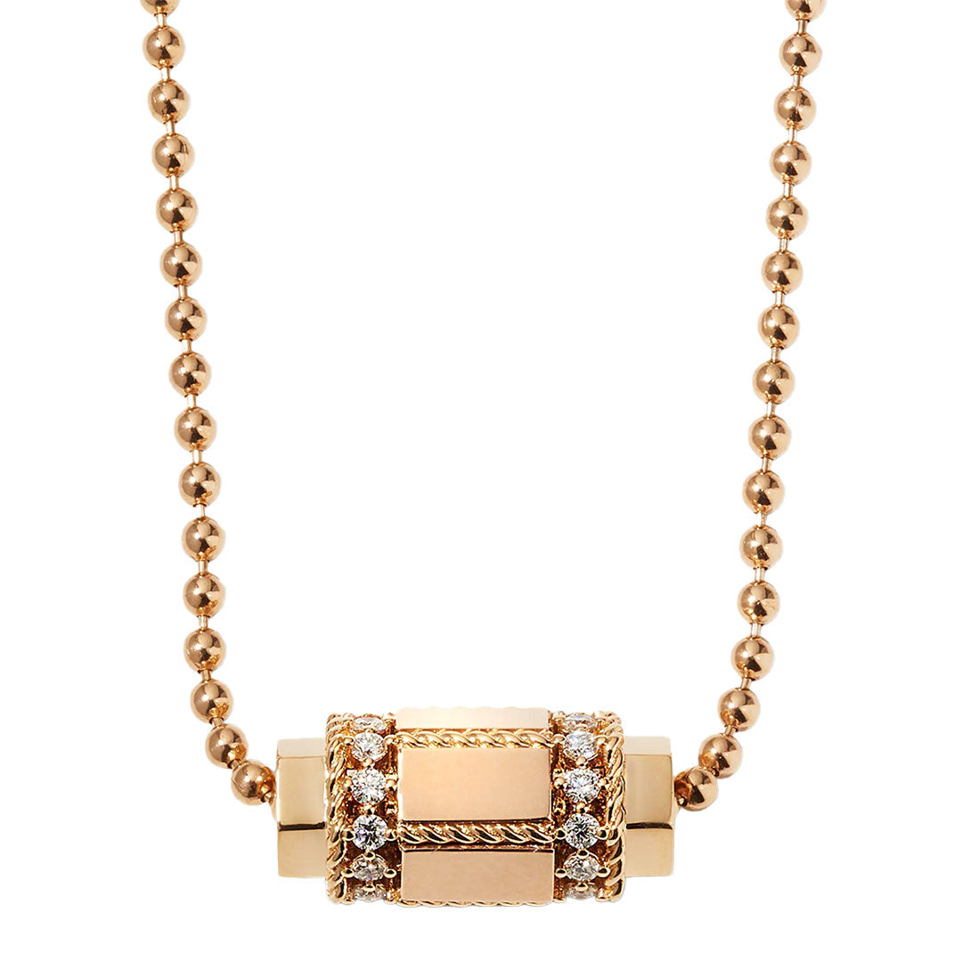 The Roberto Coin Art Deco 18K Rose Gold Diamond Necklace Pendant features a luxurious beaded chain and a cylindrical pendant, showcasing the brand's signature twisted rope details. Its intricate design includes Art Deco-inspired rectangular sections that enhance its timeless elegance.