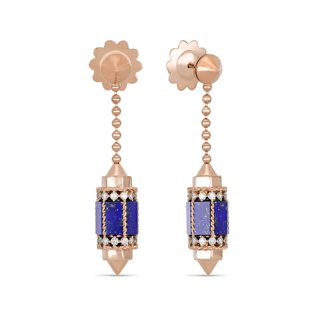 These Roberto Coin Art Deco earrings are a breathtaking fusion of elegance, crafted from 18K rose gold and adorned with drops of lapis. They feature dazzling diamond accents and a floral stud embellished with spherical beads that connect to the main piece, exuding the charm of Art Deco jewelry.