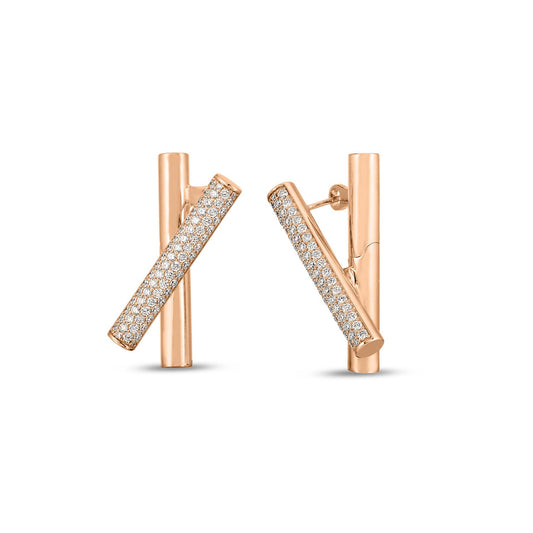 The Roberto Coin Domino 18K Rose Gold Diamond Crossover Earrings boast a stylish design with one vertical and one diagonal bar. Each earring is adorned with small, sparkling round diamonds along the diagonal bar, capturing a modern and sophisticated aesthetic that reflects Roberto Coin's exquisite craftsmanship.