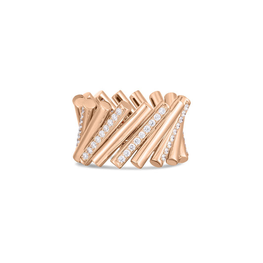 The Roberto Coin Domino 18K Rose Gold Alternating Diamond Accent Ring features an exquisite design with interwoven bands embellished with small, sparkling round diamonds, while its angled and layered bands add depth and texture.