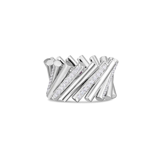 This Roberto Coin creation is a contemporary 18K white gold ring characterized by intertwined bands embellished with small sparkling stones, offering an elegant design that echoes the allure of the Domino 18K White Gold Alternating Diamond Accent Ring.