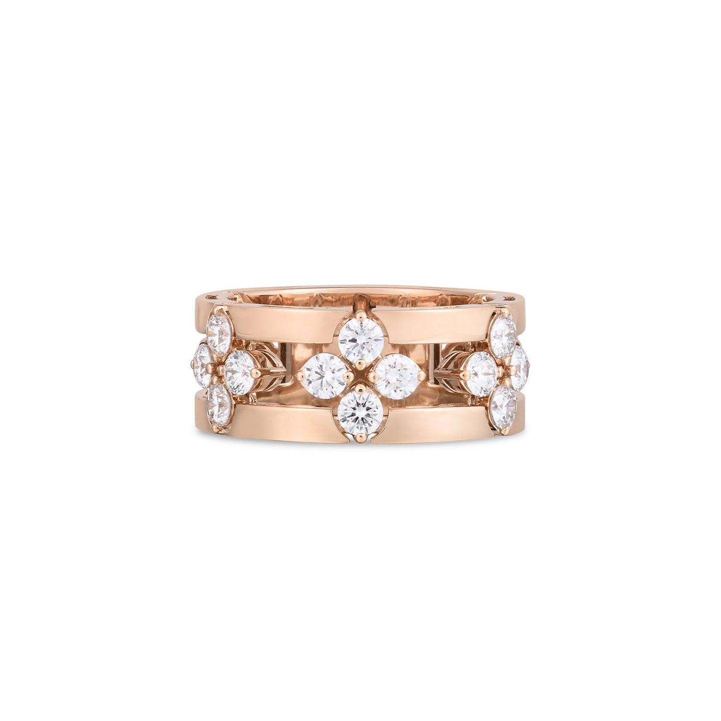 Discover the charm of a Roberto Coin masterpiece with the Love In Verona 18K Rose Gold Diamond Open Frame Ring. Adorned with two rows of diamond flower motifs, each crafted from five round diamonds, this ring forms a dazzling and intricate pattern. The plain white background highlights its exquisite details beautifully.