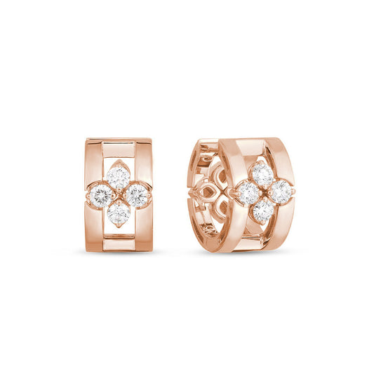 The Roberto Coin Love in Verona 18K Rose Gold with Diamonds Hoop Earrings feature a rectangular shape adorned with a floral pattern of round brilliant diamonds at the center. The open side design showcases intricate detailing, seamlessly combining elegance and sophistication.