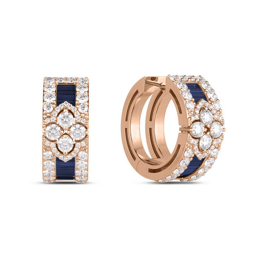 A pair of Roberto Coin Love in Verona 18K Rose Gold Earrings showcases a sparkling floral motif with white gemstones and dark blue rectangular lapis stones for an elegant look.
