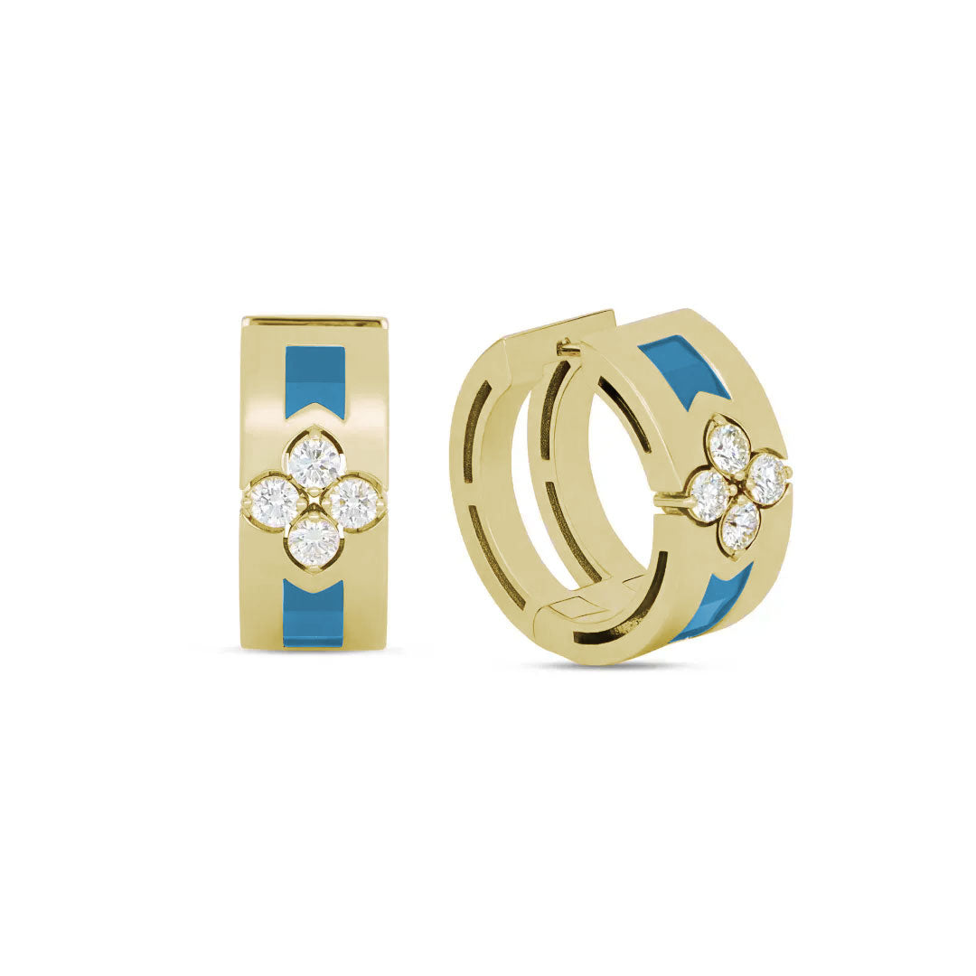 Discover the sophistication of the Roberto Coin Love in Verona 18K Yellow Gold Diamond with Turquoise Huggie Earrings. These earrings highlight 18K yellow gold hoops embellished with turquoise enamel accents, featuring a central flower design adorned with five sparkling diamonds for a modern aesthetic that seamlessly blends vibrant colors and dazzling brilliance.