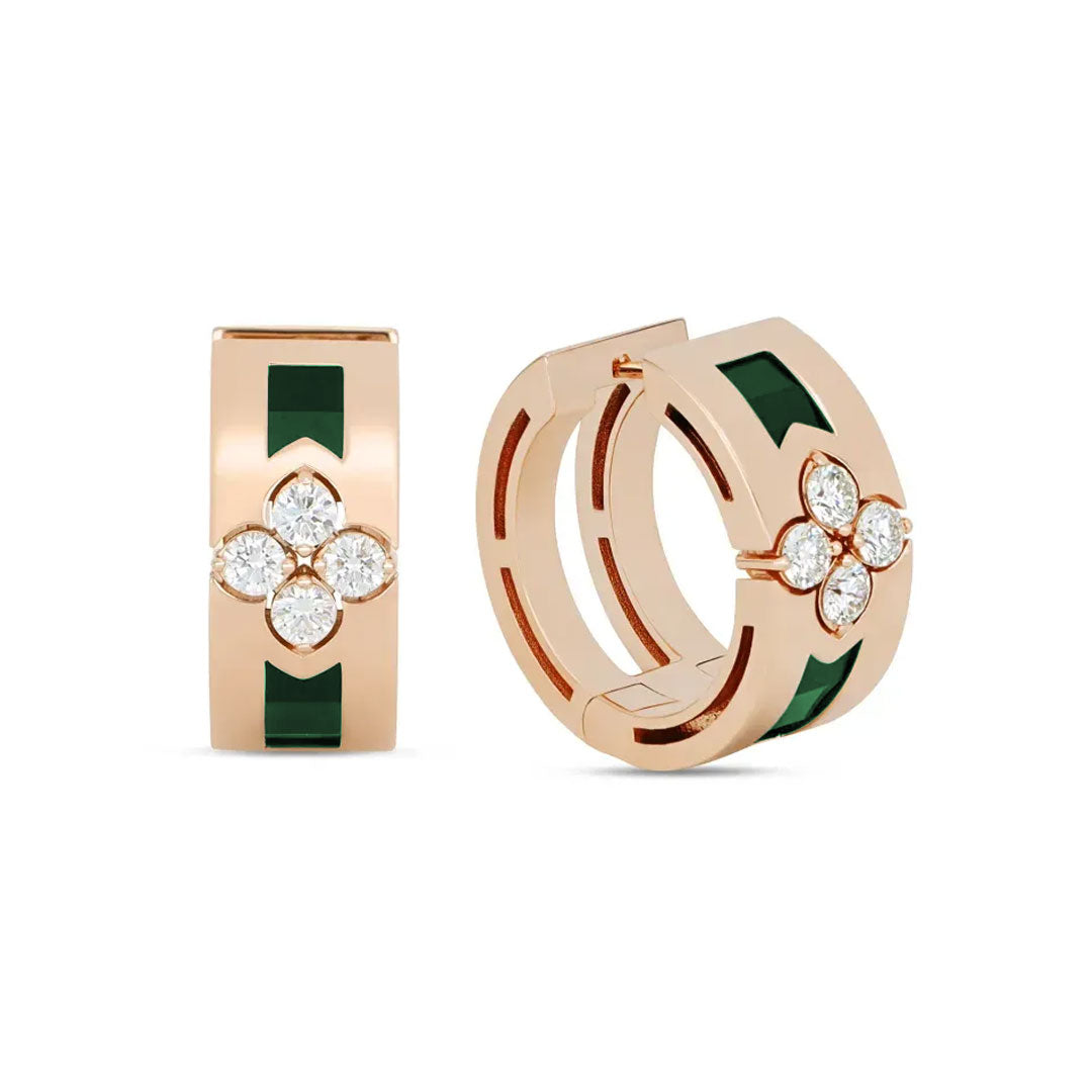 Introducing the exquisite Roberto Coin Love in Verona Huggie Earrings, meticulously crafted from 18K rose gold. These stunning earrings feature a rectangular inlay of deep green malachite, adorned with an elegant floral pattern accented by four round, dazzling diamonds centrally placed on each earring. Presented against a clean white backdrop to enhance their elegance.