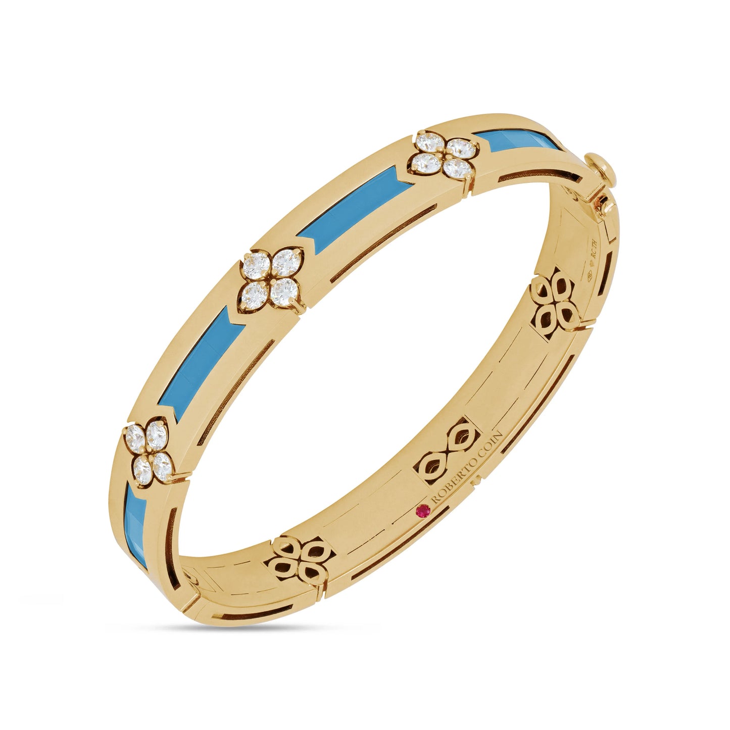 The Roberto Coin Love In Verona 18K Yellow Gold Bangle showcases exquisite blue enamel inlays adorned with diamond and turquoise floral motifs. Its sleek, circular design with repeating patterns and intricate detailing embodies a timeless elegance.