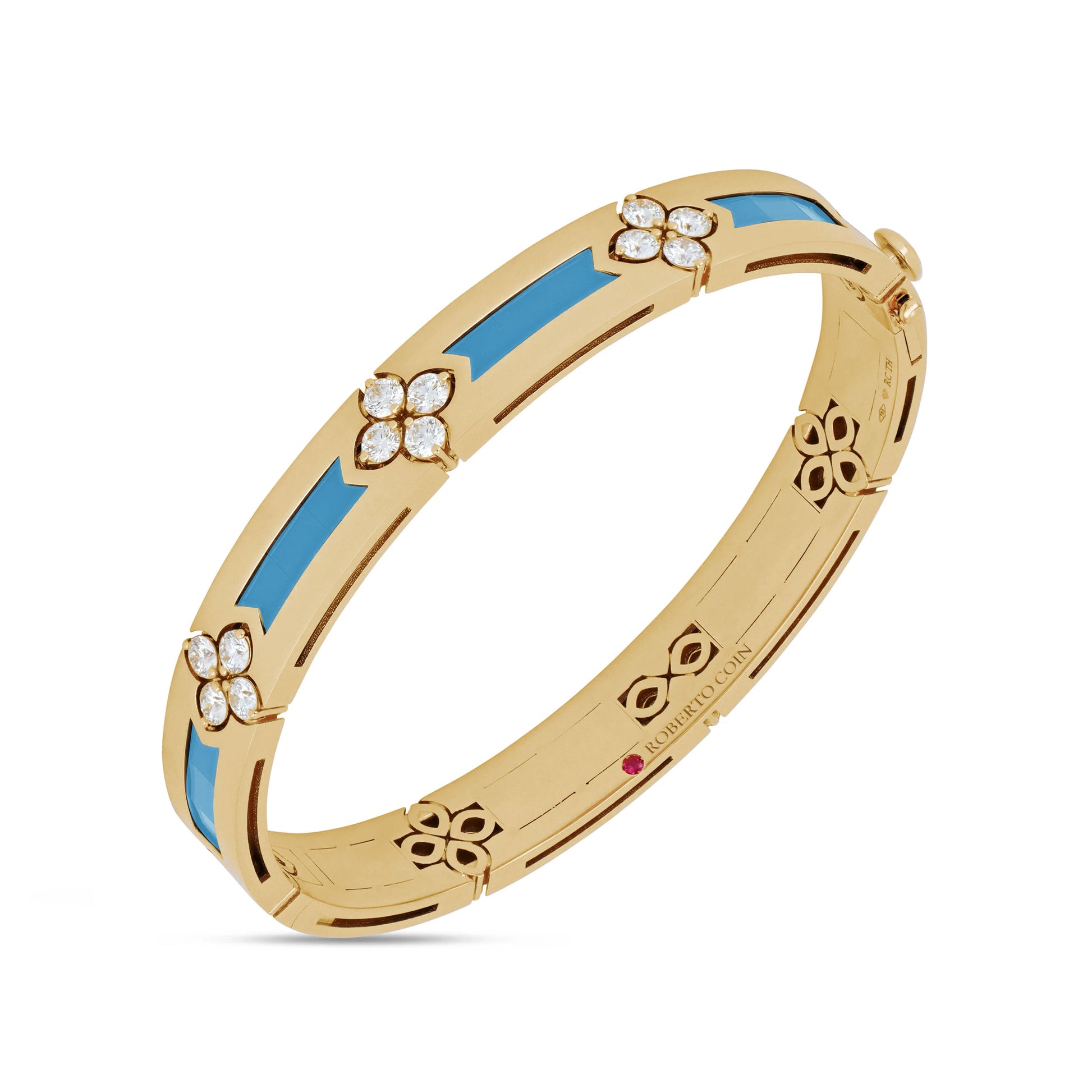 The Roberto Coin Love In Verona 18K Yellow Gold Bangle showcases exquisite blue enamel inlays adorned with diamond and turquoise floral motifs. Its sleek, circular design with repeating patterns and intricate detailing embodies a timeless elegance.