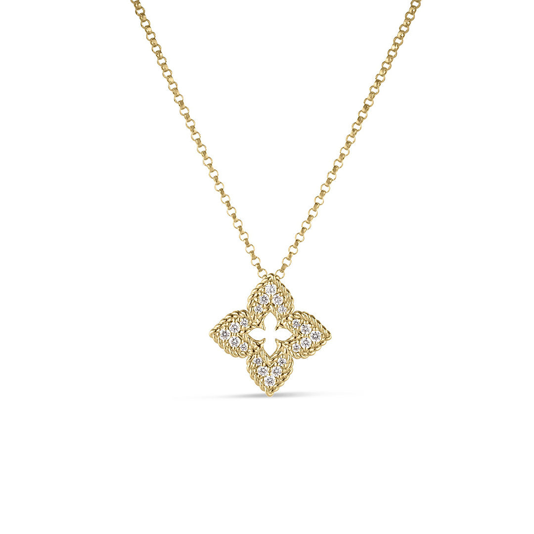The Roberto Coin Venetian Princess 18K Yellow Gold Pave Diamond Small Flower Necklace showcases a sparkling diamond-encrusted flower pendant on an 18″ chain, displayed against a white background for timeless elegance.