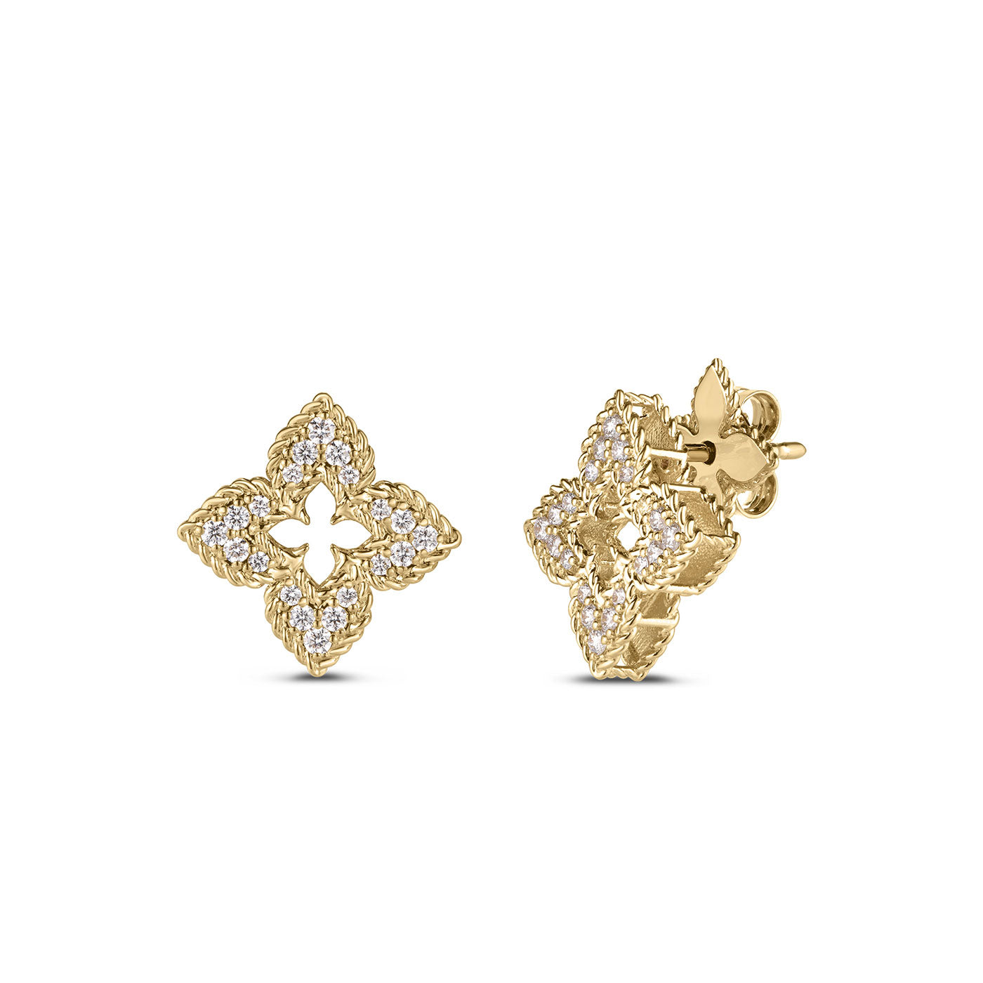 The Roberto Coin Venetian Princess 18K Yellow Gold Small Diamond Pave Flower Stud Earrings are an exquisite creation from Roberto Coin. Crafted in 18 Karat gold, these earrings feature a floral shape embellished with small diamonds. Their detailed petal design is enhanced with a secure stud backing, providing both elegance and peace of mind.