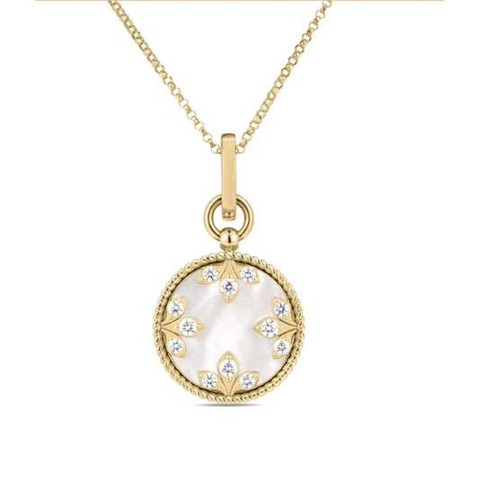 The Roberto Coin Venetian Medallions 18K Yellow Gold Mother of Pearl Medium Necklace Pendant features a round mother-of-pearl center, diamond-like floral accents, and a twisted gold border for an elegant look.