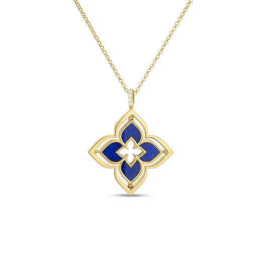 Roberto Coin 18K Yellow Gold Lapis and Diamond Necklace Pendant featuring a blue lapis lazuli floral design with a small diamond accent at the top.