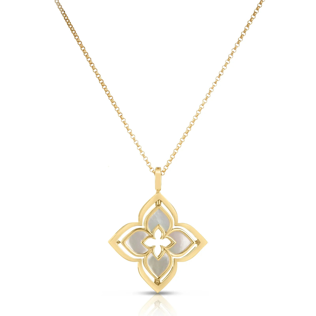 Roberto Coin 18K Yellow Gold Mother of Pearl and Diamond Necklace Pendant featuring a four-petaled flower with mother-of-pearl inlays and a small diamond center on a delicate chain.