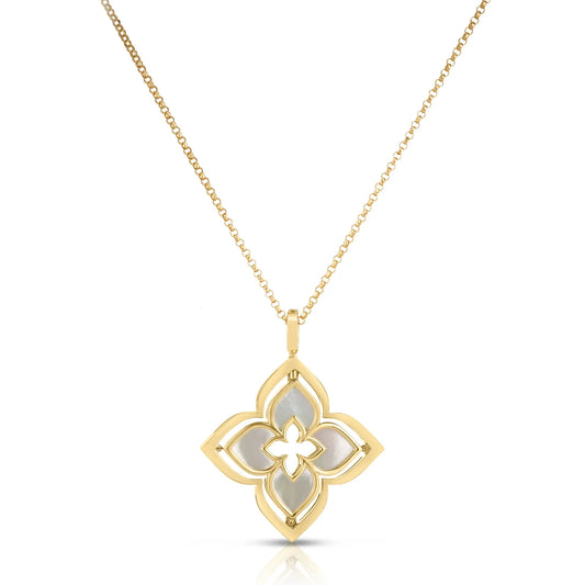 Roberto Coin 18K Yellow Gold Mother of Pearl and Diamond Necklace Pendant featuring a four-petaled flower with mother-of-pearl inlays and a small diamond center on a delicate chain.