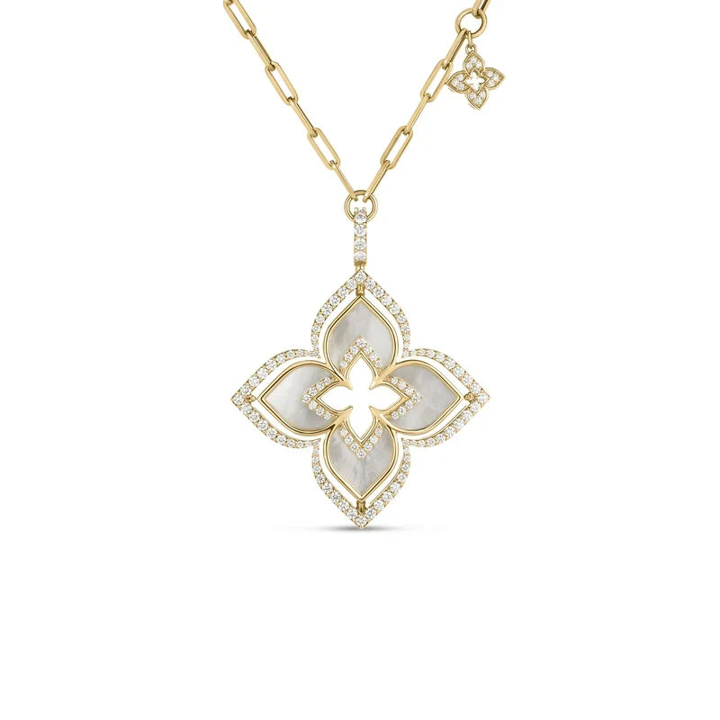 Roberto Coin Venetian Princess 18K Yellow Gold Mother of Pearl and Diamond Necklace featuring a diamond-encrusted floral pendant with mother-of-pearl inlays and a matching small charm on the chain.