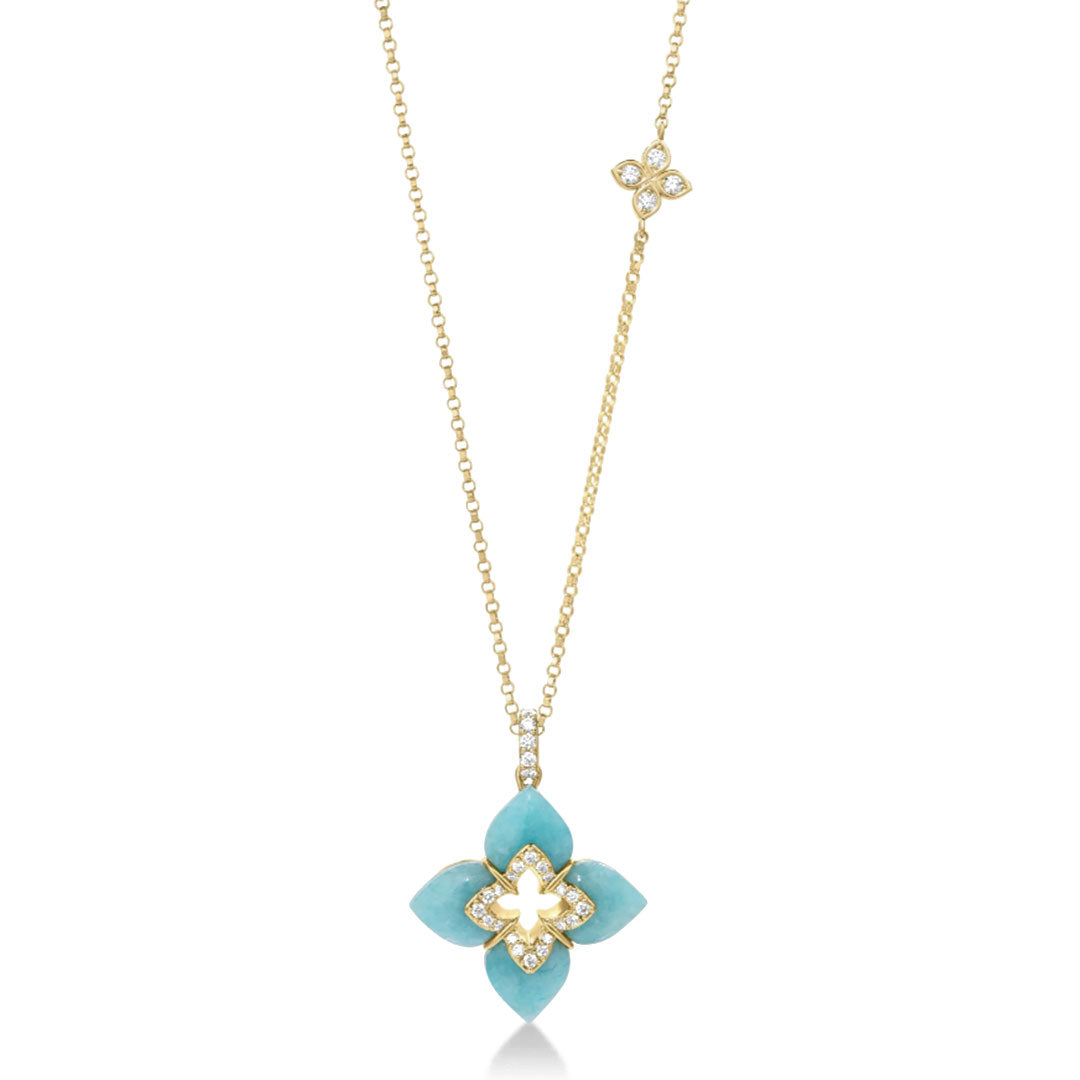 The Roberto Coin Venetian Princess Cabochon Flower necklace features an 18K yellow gold chain with a blue amazonite flower pendant and diamond accents for a refined, elegant look.
