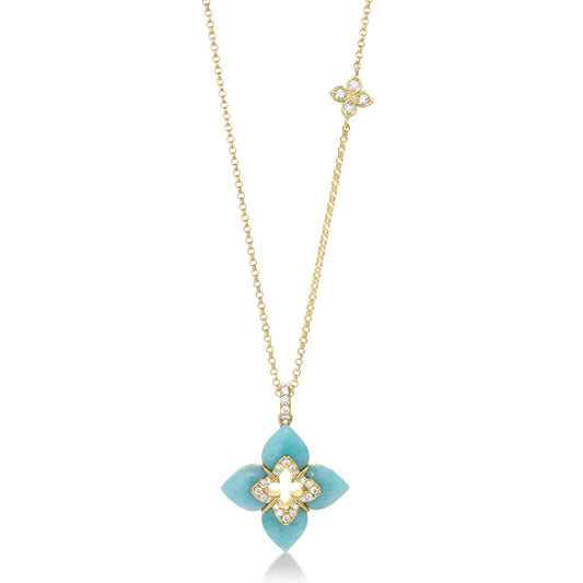 The Roberto Coin Venetian Princess Cabochon Flower necklace features an 18K yellow gold chain with a blue amazonite flower pendant and diamond accents for a refined, elegant look.
