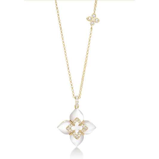 The Roberto Coin Venetian Princess Cabochon Flower 18K yellow gold necklace features a large mother of pearl flower pendant with diamond accents and a smaller matching flower charm above.