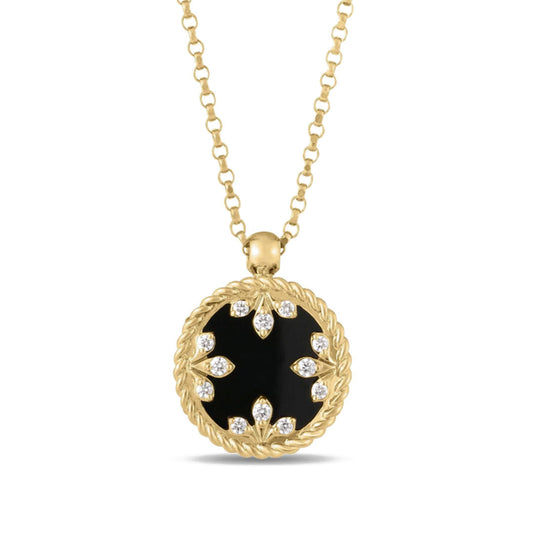 The Roberto Coin Venetian Medallions 18K Yellow Gold Black Jade and Diamond Small Necklace Pendant features a round black jade center, diamond floral accents, and a twisted gold border, elegantly suspended from a gold chain.