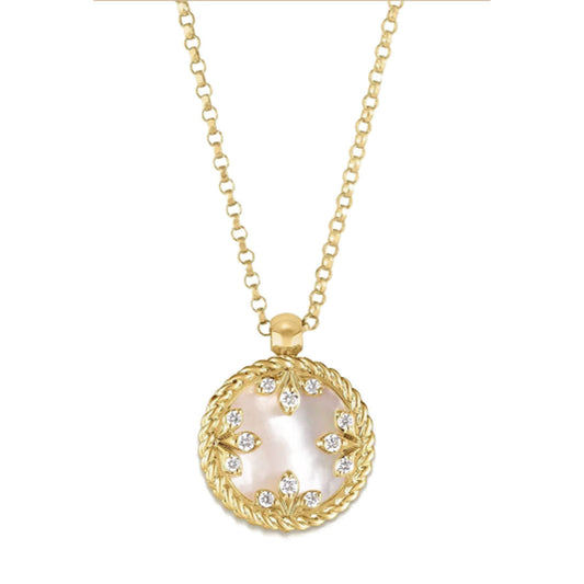 The Roberto Coin Venetian Medallions Necklace features an 18K yellow gold pendant with mother-of-pearl center, diamond accents, sparkling stones, and a twisted rope border.