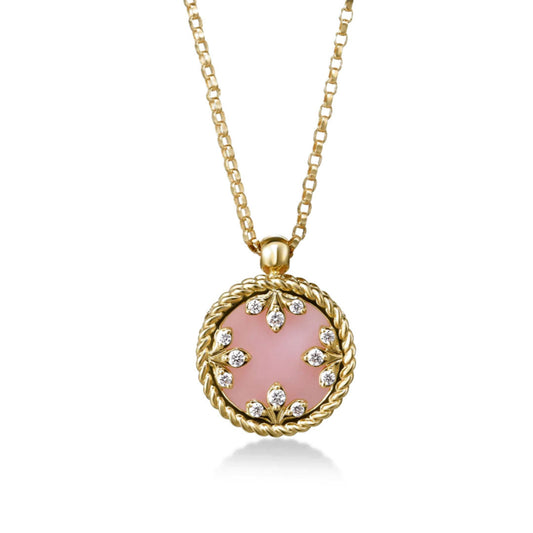 The Roberto Coin Venetian Medallions necklace features a small round pink mother of pearl pendant framed by twisted 18K yellow gold, adorned with diamond accents in a floral pattern.