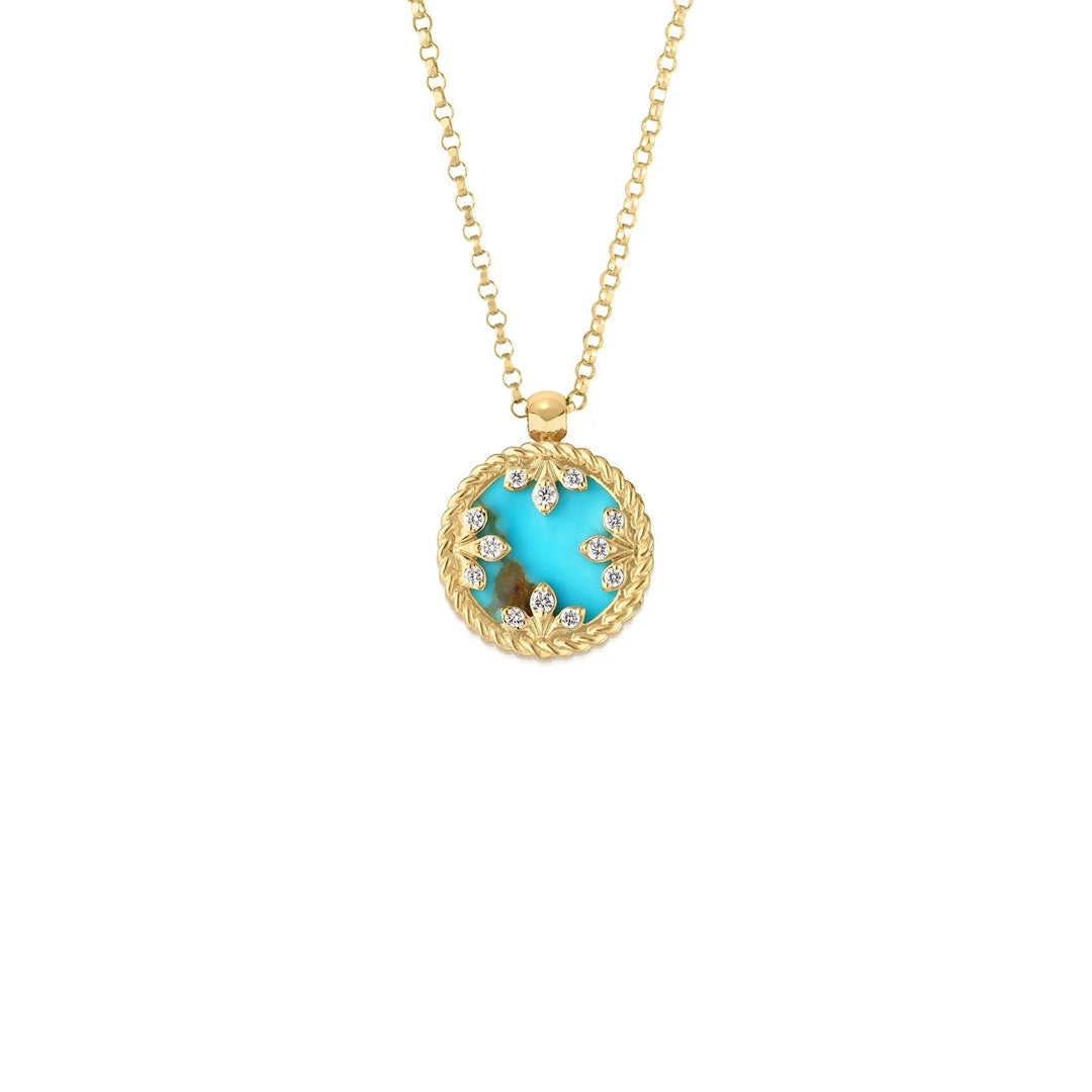 Roberto Coin Venetian Medallions necklace featuring a round turquoise pendant adorned with delicate gold leaf accents and sparkling diamond details along the edge, all expertly crafted in 18K yellow gold, displayed on a plain white background.