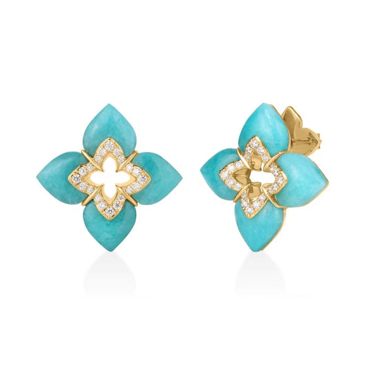 Roberto Coin Venetian Princess 18K Yellow Gold Stud Earrings feature four blue amazonite petals and a diamond-accented center, offering a glossy, vibrant look. Elegant craftsmanship and signature style by Roberto Coin.