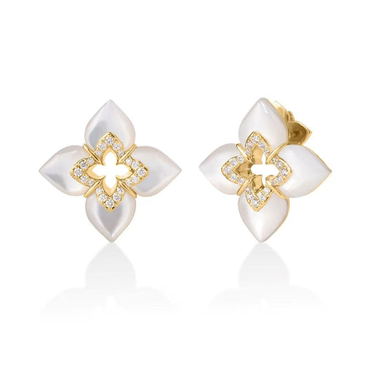 Roberto Coin Venetian Princess 18K yellow gold stud earrings feature luminous mother of pearl and sparkling diamond accents, elegantly showcased on a white background.