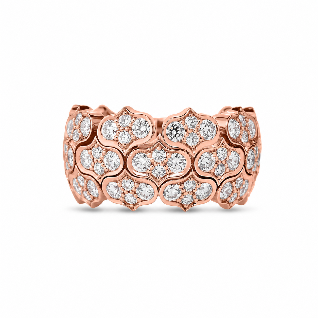 Elevate your look with the Roberto Coin Cobra 18K Rose Gold Diamond Statement Ring. This striking piece from Roberto Coin features a wide band adorned with a repeating clover motif, each encrusted with sparkling round diamonds set elegantly against a luminous white background.