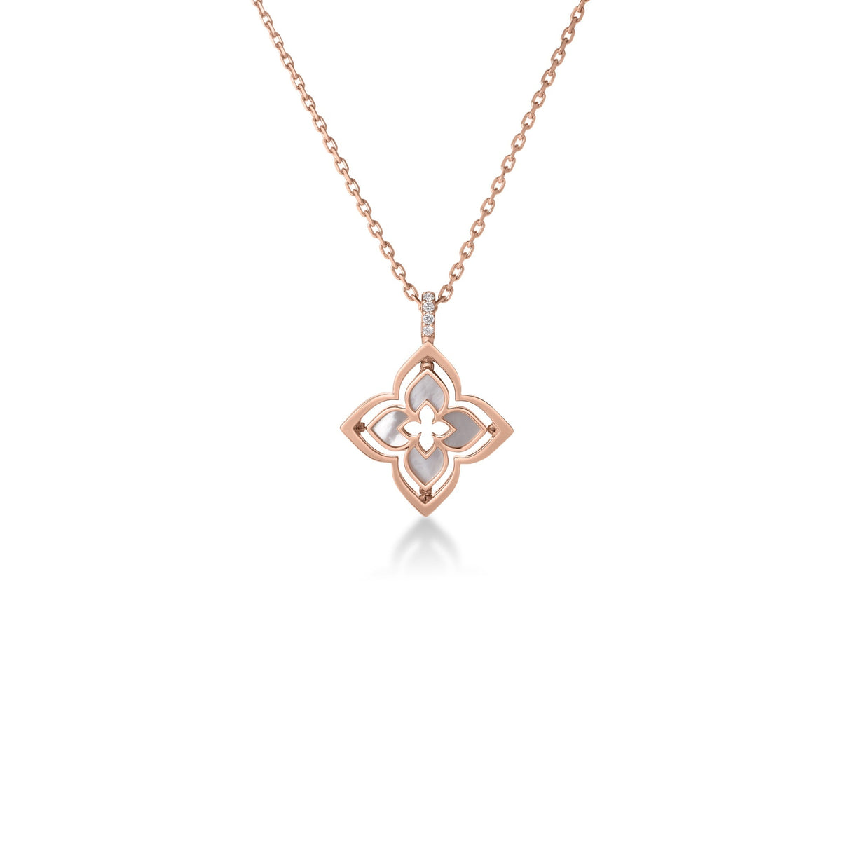 Roberto Coin Venetian Princess 18K Rose Gold Mother of Pearl and Diamond Necklace Pendant featuring a flower-shaped design with mother-of-pearl inlay and small diamond accents.