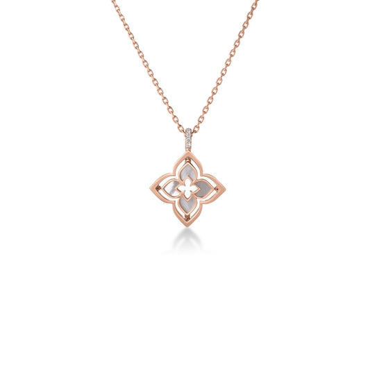 Roberto Coin Venetian Princess 18K Rose Gold Mother of Pearl and Diamond Necklace Pendant featuring a flower-shaped design with mother-of-pearl inlay and small diamond accents.