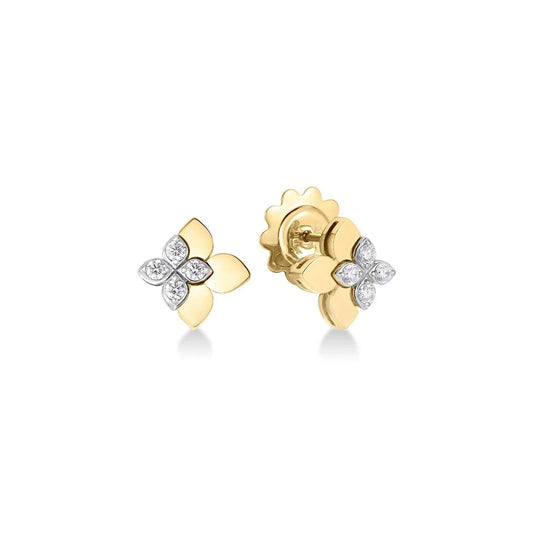 Roberto Coin Love in Verona Stud 18K yellow gold diamond flower earrings feature four-petal floral shapes with central white diamonds, reflecting exquisite Italian craftsmanship against a white background.