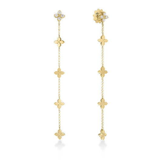 The Roberto Coin Love in Verona 18K Yellow Gold Diamond Flower Dangle Earrings feature delicate chains with small four-petal flowers and a floral diamond-accented cluster, showcasing luxury craftsmanship.