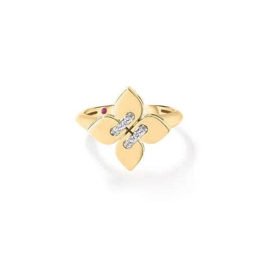 The Roberto Coin Love In Verona 18K Yellow Gold Small Diamond Flower Ring showcases a four-petal flower with diamonds at the center, beautifully displayed on a white background.