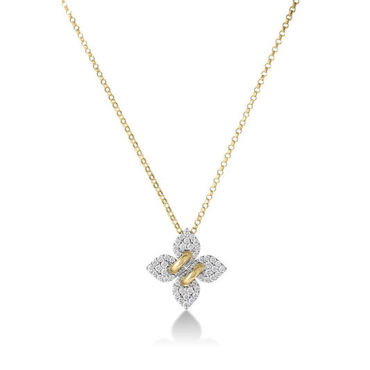 The Roberto Coin Love In Verona 18K Yellow Gold Small Pave Diamond Flower Necklace Pendant features a pavé-set diamond flower with gold accents, against a plain white background.
